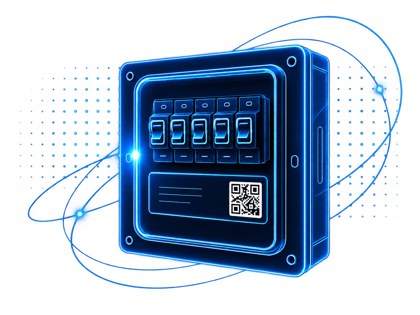 Cuadro eléctrico con código QR integrado, representado en estilo técnico azul.